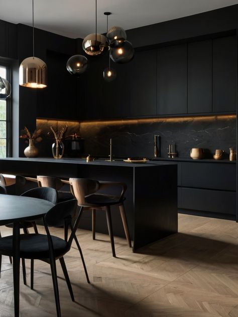 7 Modern Black kitchen Ideas - Homezille Black On Black Kitchen, Dark Modern Kitchen, Kitchen Cupboards Design, Downstairs Kitchen, Black Kitchen Ideas, Black Quartz Countertops, Black Stainless Steel Appliances, Black Subway Tiles, Modern Black Kitchen