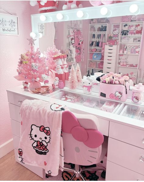 Kawaii Vanity, Sanrio Room Decor, Sanrio Room, Hello Kitty Room Decor, Hello Kitty Bedroom, Beauty Room Vanity, My Vanity, Almost Christmas, Hello Kitty Merchandise