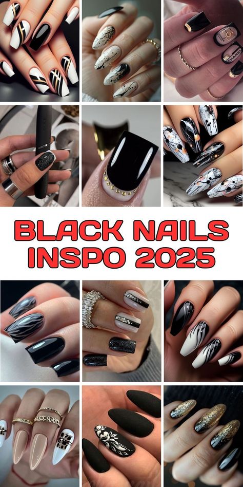 Explore 20 stunning black nails inspo ideas for 2025, perfect for adding a touch of elegance, gothic charm, or simple sophistication to your look. From almond and coffin shapes to square and stiletto styles, these black nail art designs cater to every taste. Black November Nails, Black Nails Inspo Aesthetic, Classy Black Nail Designs, Black Nails With Design Ideas, Black Classy Nails, Black Nail Art Designs, Classy Black Nails, Black Nail Tips, White Stiletto Nails