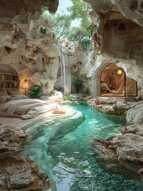 Old Castles Abandoned Places Beautiful, Bedroom With Waterfall, House Near Nature, Bali Theme House, Unrealistic House Ideas, Sea Inspired Interior Design, Vintage Pool House, Cool House Features, Ocean Architecture