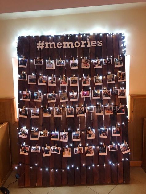 Memories Birthday Ideas, Memory Party Ideas, Wall Of Memories Display Ideas, Memories Prom Theme, Farewell Wall Decoration Ideas, Prom Memories Ideas, Memories Theme Party, Farewell Celebration Ideas, Classroom Memory Wall