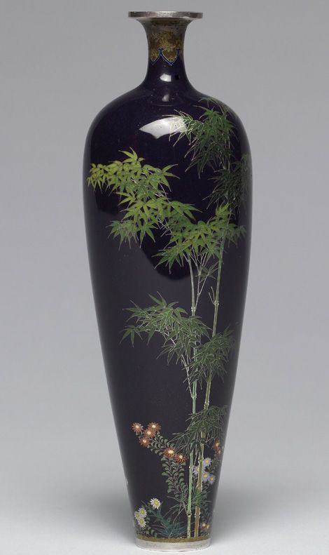 Vase with Bamboo and Birds (back) by Namikawa Yasuyuki Japanese Cloisonné Enamels from the Stephen W. Fisher Collection. Japanese Vase, Chinese Vase, Japanese Antiques, Japanese Porcelain, China Painting, Cloisonne Enamel, Japanese Pottery, Art Japonais, Japanese Ceramics