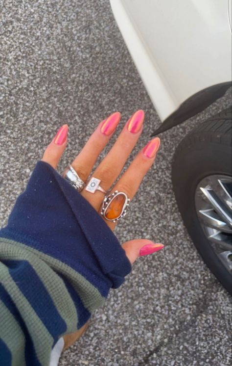 Nails, acrylic nails, nail inspo, pink nails, chrome nails, pink, aesthetic Bright Vibrant Nails, Nailspo Summer, 2024 Nail Trends Short, June Nail Inspo 2024, August Manicure, Trendy Nails Ideas 2024 June, Nail Selfie Ideas, Nails August 2024, June Nails 2024