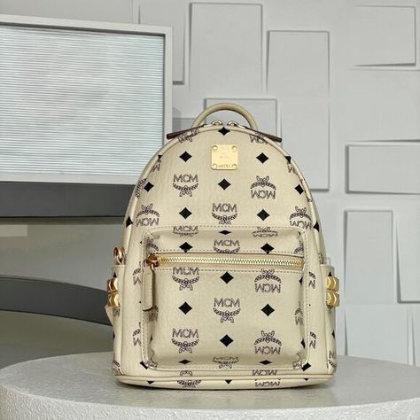 MCM Stark Visetos Mini Studded Coated Canvas Beige Backpack Beige Backpack, Beige Backpacks, Mcm Handbags, Mini Studs, Leather Top, Top Handle, Zip Pockets, Backpacks, Handbags