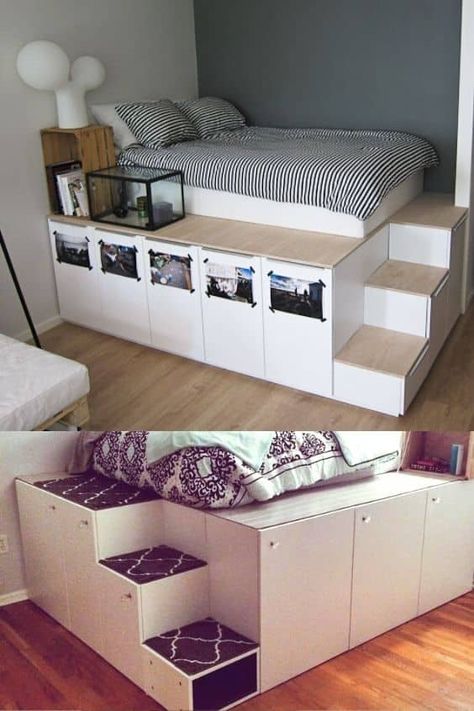 Ikea platform bed hack Diy Ikea Bed Hack, Platform Bed Hack, Ikea Kallax Bed Hack, Ikea Platform Bed Hack, Ikea Inspirations, Ikea Platform, Ikea Platform Bed, Ikea Daybed, Ikea Hack Storage