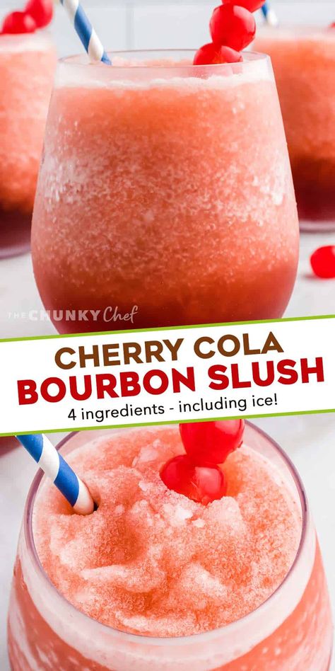 This Cherry Cola Bourbon Slush is our favorite frozen cocktail! Made with just 4 ingredients (including ice!), it's so easy to whip together and enjoy all year round! #slush #bourbon #cherry Bourbon Drink, Cherry Bourbon, Frozen Drinks Alcohol, Blue Recipes, Cherry Drink, Slush Recipes, Cherry Cocktail, Homemade Cocktails, Summer Salads With Fruit