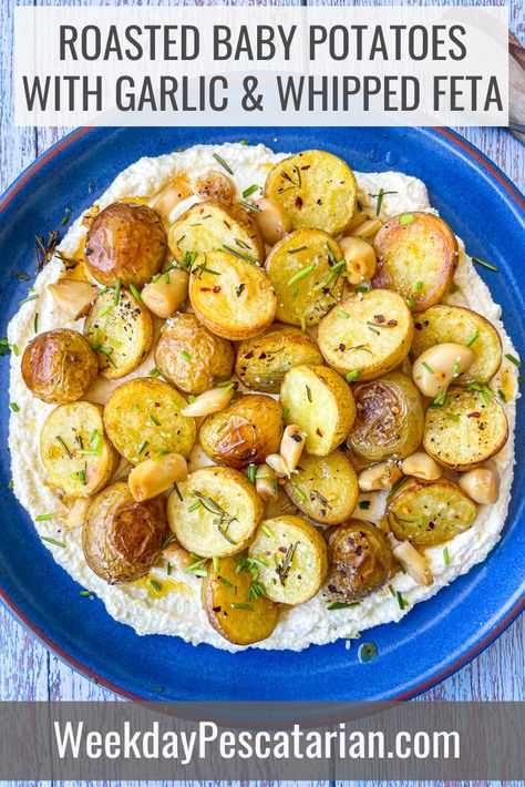 Whipped Feta Potatoes, Whipped Feta Roasted Potatoes, Sunday Roast Side Dishes, Sunday Potatoes, Baby Dutch Yellow Potatoes Recipes, Garlic Whipped Feta, Yellow Potatoes Recipes, Baby Dutch Yellow Potatoes, Feta Potatoes