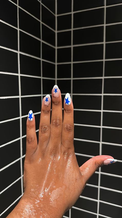 Blue And White Star Nails, Dark Blue And White Nails, Blue Nails With Stars, Blue Star Nails, 4th Nails, Star Nail Designs, Blue And White Nails, Birthday Vibes, White French Tip