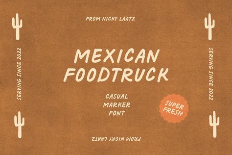 Experience the Authentic Verve of 'Mexican Foodtruck' Unveiling 'Mexican Foodtruck', another masterstroke from the ingenious Nicky Laatz. Exuberating a casual and cheeky vibe, this Marker Font carves a niche of its own in the realm of typography. Designed with precision and thoughtfulness, it expresses the playful spirit of Mexican culture in every curve and dot. Advertisable on various mediums, it incorporates itself effortlessly in greeting cards, menus, recipe books, or any handwritten notes.