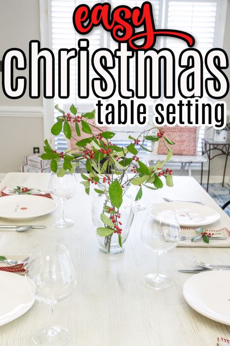 Holly leaves and berries are absolutely perfectly suited for Christmas decor. This simple Christmas table setting with holly is easy and inexpensive to put together. Christmas table | Christmas centerpiece | Easy table setting | Holly berries | Christmas holly | DIY Christmas table | Home decor | DIY home decor Table Christmas Centerpiece, Easy Table Setting, Easy Christmas Table, Simple Christmas Table, Easy Table, Diy Christmas Table, Holly Leaves And Berries, Christmas Table Setting, Table Home Decor