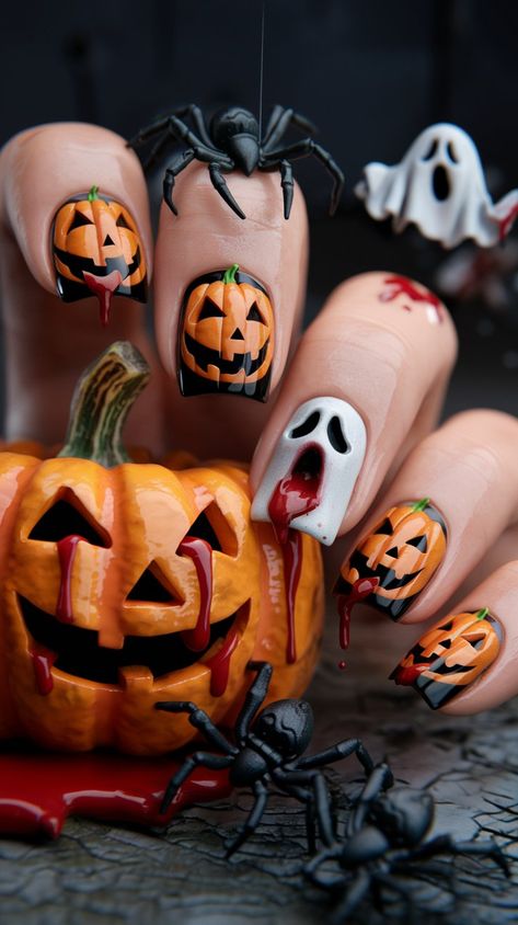 Embrace the ghoulish glam of Halloween with this enchanting nail set! A striking mix of neon orange, eerie green, and ghostly yellow sets the stage for playful designs featuring haunted houses, mischievous spiders, and glowing potions. With a glossy finish and a sprinkle of holographic glitter, these nails will have you casting spells and stealing the spotlight at any spooky celebration! #halloween Haunted Nails, Vintage Halloween Nails, Glam Halloween, Glow Halloween, Holloween Nails, Casting Spells, Nail Collection, Spooky Designs, Haunted Houses