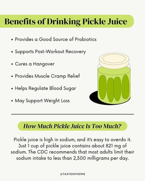 Taste of Home on Instagram: "When you finish the last pickle, don’t toss that leftover juice! 🥒There are plenty of things to do with pickle juice. Drinking it has several health benefits, like pain relief and regulating blood sugar. It’s also a great substitute for sugary sports drinks 🔗 Click the link in our bio for more info!⁠ ⁠ ⁠ ⁠ ⁠ ⁠ ⁠ ⁠ ⁠ #pickles #picklejuice #health #healthbenefits #healthandwellness #wellness #probiotics #weightloss #tasteofhome" Pickle Benefits, Pickle Juice Benefits, Drinking Pickle Juice, Sources Of Probiotics, Juice Benefits, Sports Drinks, Pickle Juice, Post Workout Recovery, Regulate Blood Sugar