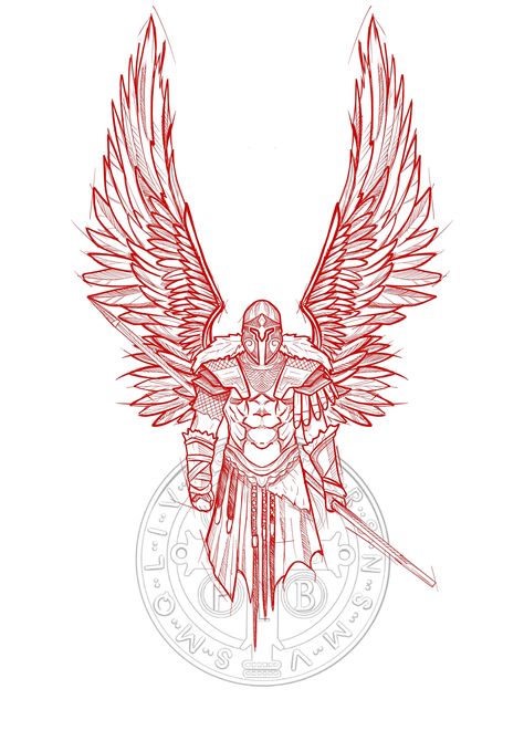 Archangel Michael Tattoo For Men, Angel Warrior Tattoo, Archangel Michael Tattoo, Minimalistic Tattoo Ideas, Angelo Guerriero, Valkyrie Tattoo, Minimalistic Tattoo, Sketch Style Tattoos, Knight Tattoo