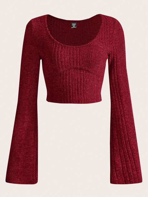 Burgundy Casual Collar Long Sleeve Knitted Fabric Plain  Embellished Slight Stretch Summer Women Plus Clothing Animal Print Crop Tops, Red Long Sleeve Top, Camo Crop Top, Bell Sleeve Crop Top, Red Long Sleeve Shirt, Red Tops, Nyfw Street Style, Flared Sleeves Top, Print Crop Tops