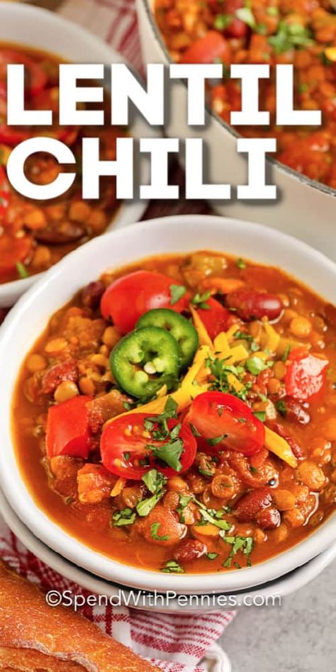 Lentil Chili is a recipe that uses staple pantry ingredients. Add ground beef or chicken to stretch the serving sizes even further! #spendwithpennies #lentilchili #maindish #stovetop #chili #lentil #lentilchilirecipe Lentil Chilli, Recipe Lentils, Lentil Chili Recipe, Stovetop Chili, Lenten Recipes, Canned Lentils, Serving Sizes, Lentil Chili, Slow Cooker Lentils