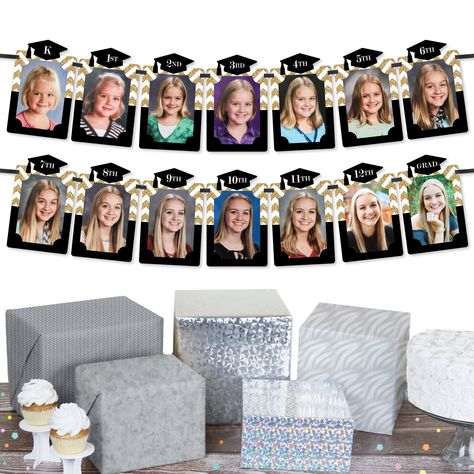 Complete your graduation party decor with a Tassel Worth the Hassle - Gold Photo Banner. This DIY Picture Banner is a fun and damage free way to show off a K-12 School Picture Display. Tassel Worth the Hassle - Gold Photo Banner includes 14 graduation-themed photo holders to insert your own 4x6 photos vertically. Tassel Worth the Hassle - Gold Graduation Photo Banner is professionally printed on sturdy cardstock paper and will require easy do-it-yourself assembly. Start by inserting your vertica Diy Graduation Party Decor, School Pictures Display, Diy Graduation Party, Graduation Photo Banner, K 12 School, Gold Graduation Party, Graduation Party Diy, Diy Graduation, Picture Banner