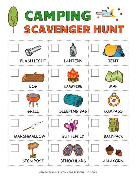 Free printable camping scavenger hunt. For more similar kids activities templates, browse our free printable library. Simply download and print them at home or office. Camping Scavenger Hunt For Kids, Scavenger Hunt Camping, Nature Themed Birthday, Preschool Scavenger Hunt, Camping Scavenger Hunts, Camping Theme Preschool, Scavenger Hunt Ideas, Preschool Program, Kids Hunting