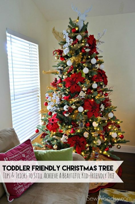 Toddler Friendly Christmas Tree #AtHomeforChristmas #AtHomeFinds #Ad Toddler Friendly Christmas Tree, White Christmas Tree With Red, Christmas Tree Inspiration Red And Gold, Turquoise Christmas Decor, White Christmas Tree Decorations, Red And Gold Christmas, Red And Gold Christmas Tree, Gold Christmas Tree Decorations, Turquoise Christmas