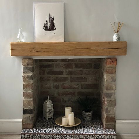 Oak Mantle Shelf, Empty Fireplace Ideas, Oak Beam Fireplace, Mantel Beam, Wooden Mantelpiece, Exposed Brick Fireplaces, Beam Fireplace, Wooden Door Stops, Beam Mantel