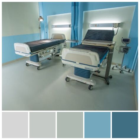 Cool colour palettes may be considered calm by some; however, others may perceive cool colour schemes as cold, clinical and depressing, and therefore not suitable for healthcare. Colours categorised as cool include hues featured in imagery depicting snow, ice, wintery climates and cold geographic locations. Cool colours include yellow, green, blue, and blue/purple plus greys and neutral colours with cool undertones. Cool colour illustration by Zena O’Connor, PhD, © Design Research Associates. Office Color Palette, Color Palette Interior Design, Laboratory Design, Blue Interior Design, Cool Color Palette, Pastel Color Schemes, Hospital Interior, Hospital Interior Design, Hospital Design