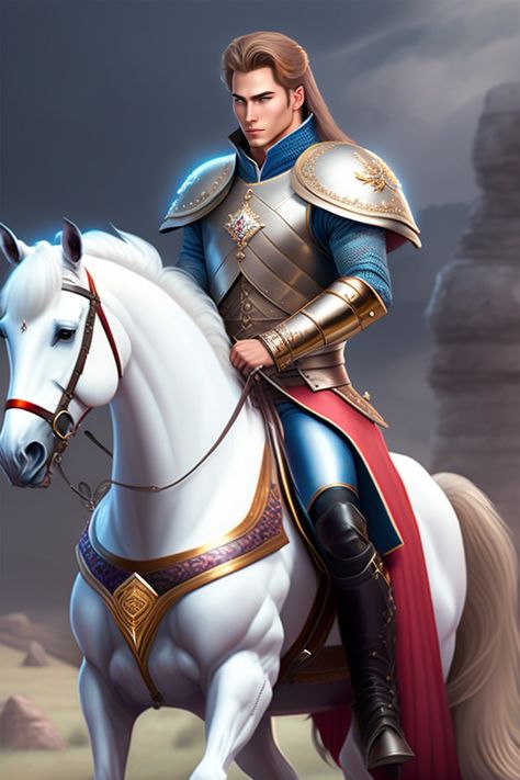 A handsome prince wearing medieval mage armor, sit on a white horse with a sword on his back Prince On White Horse, Mage Armor, Medieval Prince, Male Horse, Medieval Horse, Man On Horse, White Cape, Prince Art, Horse Illustration