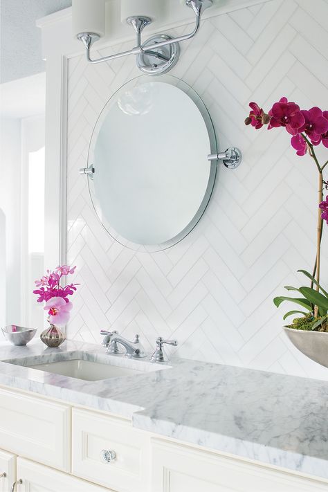 AKDO Gallery: Thassos Bathroom Subway Bathroom, Bathroom Vanity Backsplash, Akdo Tile, Vanity Backsplash, Shower Tiles, White Marble Tiles, Herringbone Backsplash, White Herringbone, Transitional Bathroom