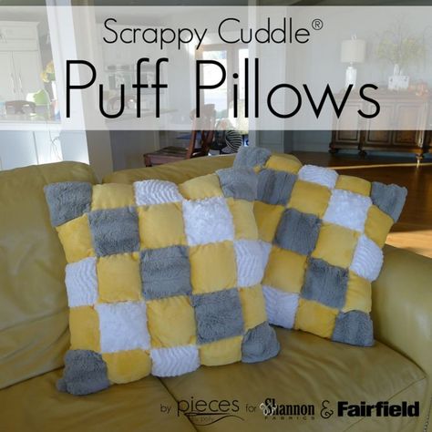 These luxurious yellow and grey Cuddle® puff pillows are the perfect thing to bring a little sunshine into your January.  Perfect for scraps and so so cozy.  Shannon Fabrics has so many amazingly soft Cuddle® fabrics to choose from in every color and texture.  We used Solid Cuddle® 3 in Gold, Rose Cuddle® in Snow White, Luxe Cuddle® Ziggy Snow, Luxe Cuddle® Chinchilla Silver.  Fabric on backs is Zig Zag Cuddle® in Lemon/Silver/Charcoal. Fabric amounts are for making two coordinating... Puff Pillow, Biscuit Quilt, Puff Quilt Tutorial, World Craft, Bubble Quilt, Scraps Of Fabric, Puff Quilt, Polka Dot Chair, Ladybug Crafts