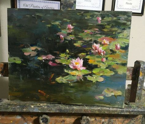 Pretty Oil Paintings, Art Landscapes Painting, Big Painting Ideas Canvases, Lily Pad Painting, Lily Pond Painting, Painting Of Water, Water Lily Painting, Vintage Style Painting, Water Lilies Art