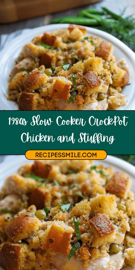 Enjoy the nostalgic charm of the 1980s with this Slow Cooker CrockPot Chicken and Stuffing recipe. Tender chicken, creamy sauce, and perfectly cooked stuffing come together effortlessly in one pot, making it the ultimate comfort food for family dinners. Crockpot Stuffing And Chicken Recipe, Crock Pot Chicken And Stuffing Easy, Chicken Breast And Stuffing Crockpot, Chicken Dressing Crock Pot, Slow Cooker Chicken With Stuffing, Crockpot Chicken And Dressing Stovetop, Chicken Stuffing Slow Cooker, Recipes With Stovetop Stuffing, Crockpot Chicken And Stuffing Easy