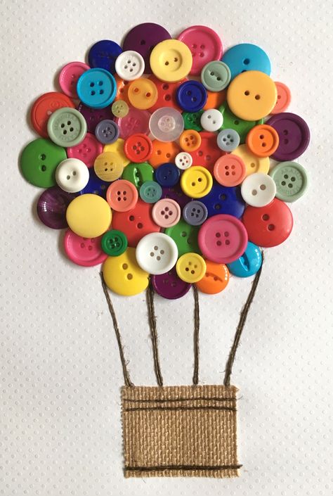 Crafts To Do With Buttons Diy, Hot Air Balloon Button Art, Easy Button Art, Crafts With Buttons Project Ideas, Buttons Crafts Ideas, Easy Button Crafts, Hot Air Balloon Crafts, Diy Hot Air Balloon, Button Crafts For Kids