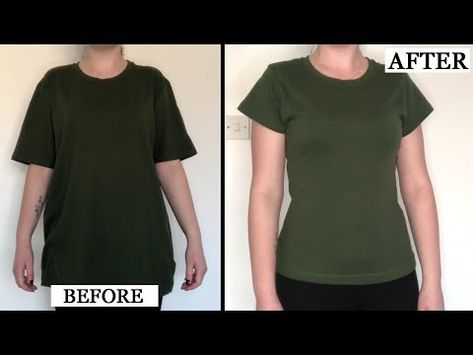 How To Resize a T-Shirt - YouTube Take In Tshirt, How To Tailor A Tee Shirt, How To Shorten Tee Shirt Sleeves, How To Size Down A Shirt, T Shirt Neckline Alteration Diy, How To Resize A Shirt, How To Fix A Shirt That Is Too Long, Make Tshirt More Feminine, How To Tighten Shirt Waist