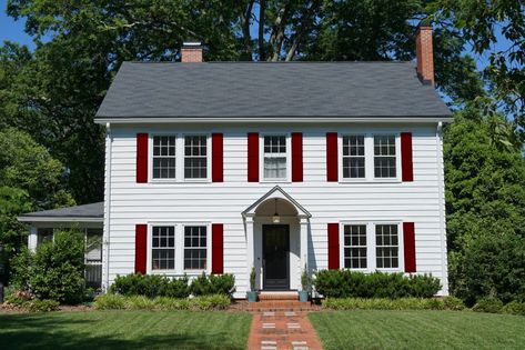 Rich Maroon Shutters with White House White Colonial House Exterior, Teal Shutters, White Colonial House, Cream Colored Houses, Brown Shutters, Best Color Combinations, Red Shutters, White Colonial, Colonial House Exteriors