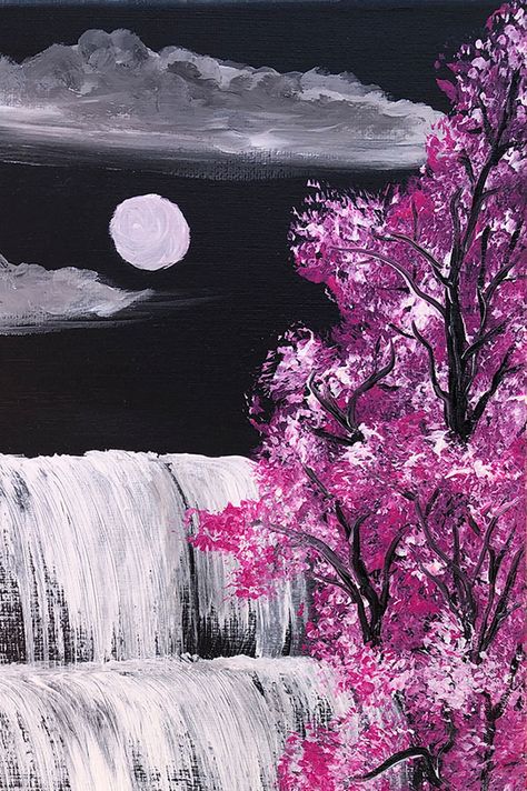 Original Grey and Pink Contemporary Abstract Landscape Painting on Canvas with Cherry Blossom Trees - Waterfalls By Night Black Scenery Painting, Pink And Grey Painting Canvas, Pink And Black Painting, Calming Scenery, Black Paintings, Special Painting, Blossom Painting, Cherry Blossom Painting, Cherry Blossom Trees