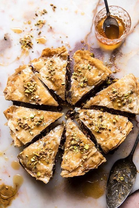 Easy Pistachio Chocolate Baklava | halfbakedharvest.com #greek #easydessert #chocolate Chocolate Baklava, Phyllo Dough Recipes, Pistachio Chocolate, Half Baked Harvest Recipes, حلويات عربية, Pane Dolce, Dough Recipes, Greek Desserts, Harvest Recipes