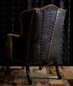 Corseted wing back chair. Décor Steampunk, Steampunk House, Repurposed Art, Gothic Furniture, Steampunk Decor, Funky Furniture, Gothic Decor, Gothic House, Settee