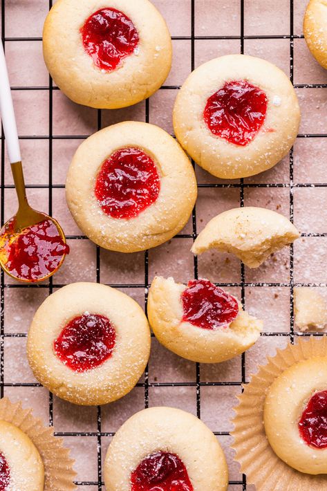 Jam Drop Shortbread Cookies | Olive & Mango Bakery Photoshoot, Strawberry Danish, Raspberry Thumbprint Cookies, Food References, Drop Cookie Recipes, Raspberry Brownies, Baking Journal, Brownies Cookies, Jam Cookies