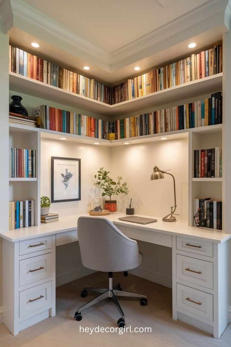 15 Must Copy Bedroom Library Ideas - Hey Decor Girl [Latest Trending Decor Design Ideas] Desk With Library, Design Library Home, Corner Bookcase With Desk, Desk And Reading Nook, Study Corner In Living Room, L Shaped Desk With Bookshelves, Reading Room With Desk, Home Decor Ideas Living Room Small Space, Study Corner In Bedroom