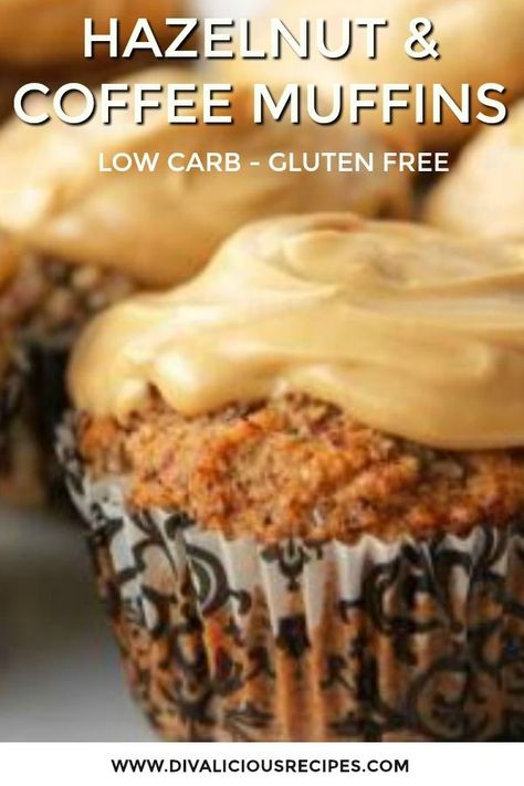 Hazelnut flour muffins that are topped with a delicious coffee cream cheese topping. Hazelnut Flour, Hazel Nut, Coffee Muffins, Hazelnut Recipes, Low Sugar Diet Recipes, Cream Cheese Topping, Low Carb Muffins, Low Carb Low Sugar, Nut Recipes