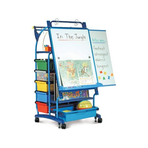 Royal Double Sided 10 Compartment Teaching Cart with Bins Teacher Storage, Book Ledge, Chart Paper, Big Tub, Storage Tubs, Classroom Storage, Magnetic White Board, Reading Centers, Pocket Chart