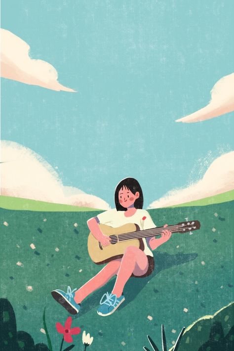 Girl Playing Guitar Drawing, Music Illustration Design, Playing Guitar Aesthetic, Playing Guitar Illustration, Explorer Illustration, Guitar Illustration, Illustration Music, Guitar Drawing, Playful Illustration