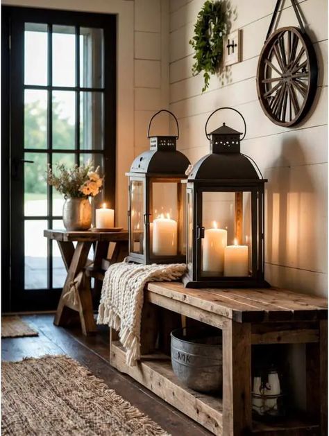 16 Budget-Friendly Farmhouse Entryway Fall Decor Ideas Farmhouse Entrance Entryway, Entryway Fall Decor, Faux Branches, Burlap Rug, Welcome Autumn, Rustic French Country, Farmhouse Entryway, Front Entryway, Urban Farmhouse