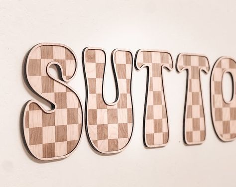 scootandlou - Etsy Retro Name Sign, Girls Checkered Bedroom, Retro Toddler Boy Room, Checkered Theme Nursery, Retro Boys Nursery, Checkered Boy Nursery, Checker Nursery, Shared Brothers Room, Checkered Baby Nursery