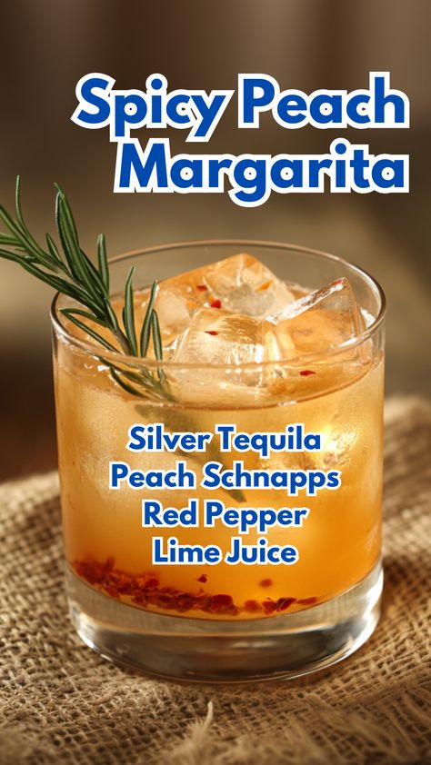 Spicy Peach Margarita Spicy Cocktails, Cocktail Cards, Peach Margarita, Red Pepper Jelly, Peach Cocktail, Spicy Cocktail, Mix Drinks, Peach Sangria, Liquor Drinks