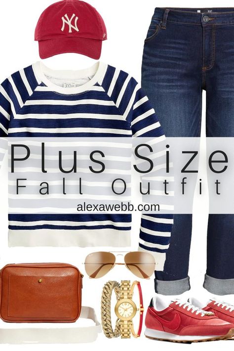 Plus Size Striped Sweatshirt Outfit with Red Sneakers, Boyfriend Jeans, and Red Cap for Spring. I love athleisure! Alexa Webb Outfit With Red Sneakers, Striped Sweatshirt Outfit, Plus Size Dressing, Plus Size Athleisure Outfits, Alexa Webb, Outfit For Spring, Pullovers Outfit, Striped Sweatshirt, Plus Size Fall