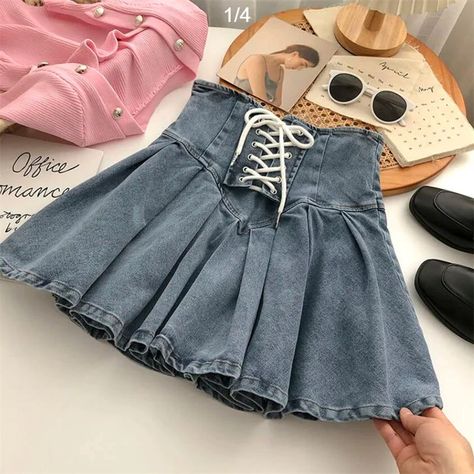 Women Cross strap Elastic Denim Short Skirt Women's 2022 Summer Korean Fashion Ladies High Waist Pleated A line Skirts| | - AliExpress Skirts Y2k, Korean Fashion Shorts, Denim Pleated Skirt, Pleated Denim Skirt, Short Pollera, Girls In Mini Skirts, Skirt Y2k, Skirt Denim, Denim Skirt Women