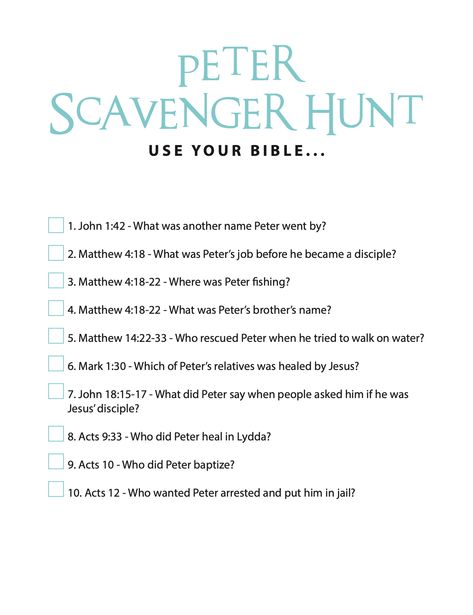 FREE Peter Bible Scavenger Hunt! Print and play this fun Bible Scavenger Hunt with your Children's Ministry, Sunday School, Christian School, or Homeschool. Kids can see how quickly they can search for different clues in the life of Peter. This printable goes great with our Books of the Bible Children's Ministry Curriculum. Click the STOPWATCH to see more Bible Games For Kids! Bible Scavenger Hunt, Peter Bible, Childrens Bible Study, Bible Study Activities, Childrens Ministry Curriculum, Learn The Bible, Bible Quiz, Bible Study Plans, Bible Study Tips