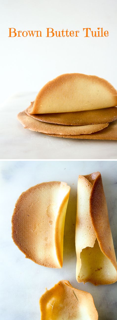 Crispy almond tuiles with browned butter Almond Tuiles Recipe, Tuile Cookie, Almond Tuile, Tuiles Recipe, Stencil Cookies, Designer Cookies, California Almonds, Baking School, Blanched Almonds