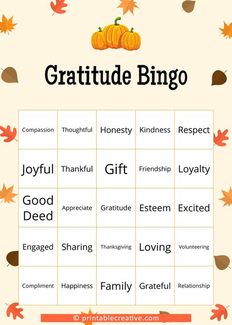 Gratitude Bingo - Free Printable Bingo Cards and Games Gratitude Crossword Puzzle, Free Bingo Printables, Thanksgiving Bingo Printable Free, Gratitude Bingo, Bingo Printable Free, Guessing Jar, November Classroom, Printable Bingo Cards, Free Printable Bingo Cards