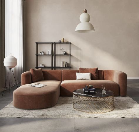 Embrace the warmth and serenity of modern design with our curated selection of earth-toned furnishings. This inviting scene features a luxurious caramel-colored sectional that anchors the space, complemented by a statement metal and glass coffee table that blends functionality with industrial chic. A harmonious palette of soft neutrals and rich textures invites you to relax and unwind in style.  #ModernLiving #EarthTones Camel Sofa Living Room, Caramel Sofa, Metal And Glass Coffee Table, Colour Sofa, Lounge Suites, Sofa Colors, Cinema Room, New Flat, Relax And Unwind