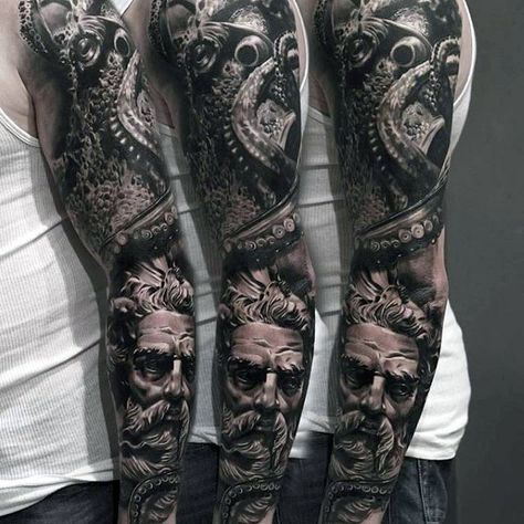 50 Octopus Sleeve Tattoo Designs For Men - Manly Ink Ideas Tattoo Advice, Octopus Tattoo Sleeve, Italian Tattoos, Poseidon Tattoo, Hyper Realistic Tattoo, Octopus Tattoo Design, Octopus Tattoos, Realistic Tattoo Sleeve, Full Sleeve Tattoo Design